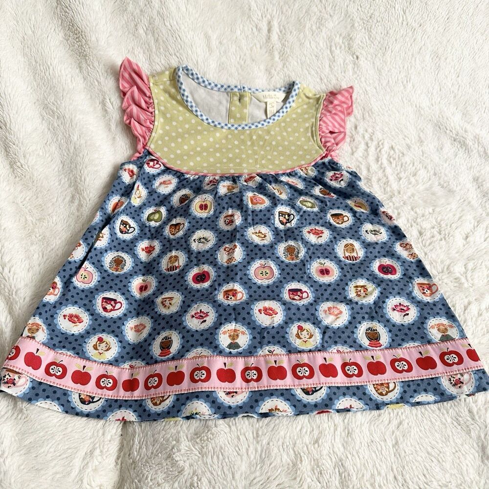 Matilda Jane Girls Dress Size 6 Apple Trim Ruffle Cap Sleeves Pink Green Blue